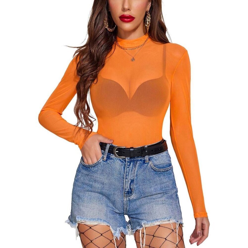 Avidlove Orange Pull On Closure Mock Neck Long SleeveShimmer Mesh Top for Women